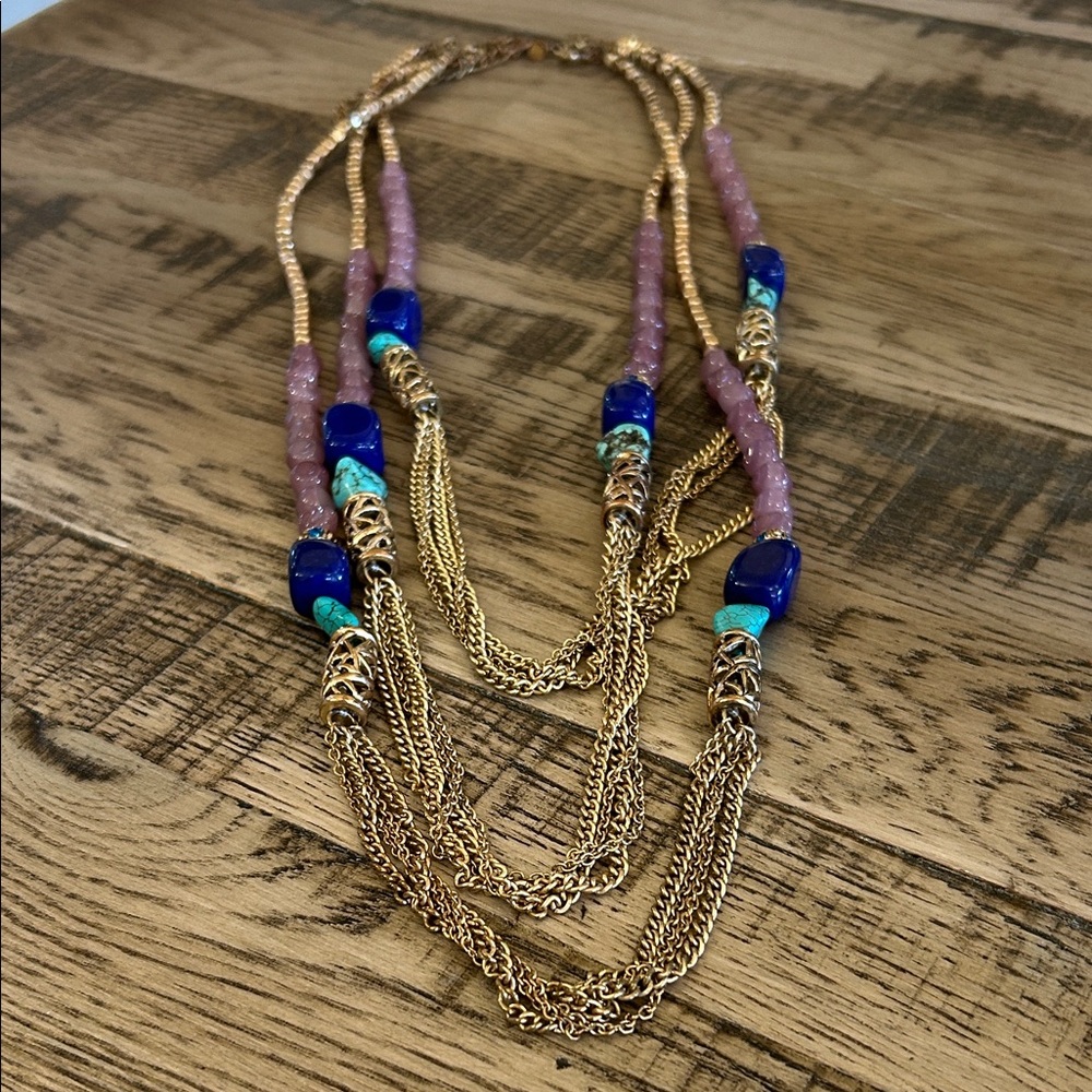 Chicos multi strand metal and Bead 36”Necklace ethnic boho purple blue turquoise